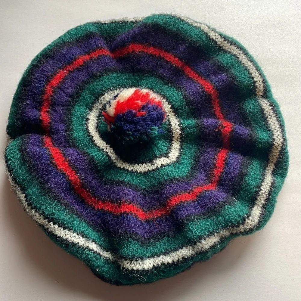 VTG Striped Knit Tam Beret Green Wool Pom Scotland MacKenzie Hat Cap Stripe Navy